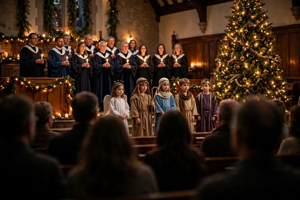 The choir and children performing in the Christmas program on stage