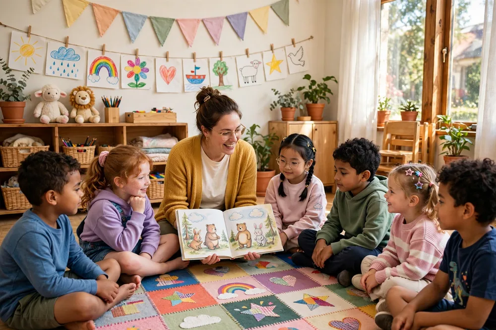 A teacher reading a story to children in the Grace Kids classroom
