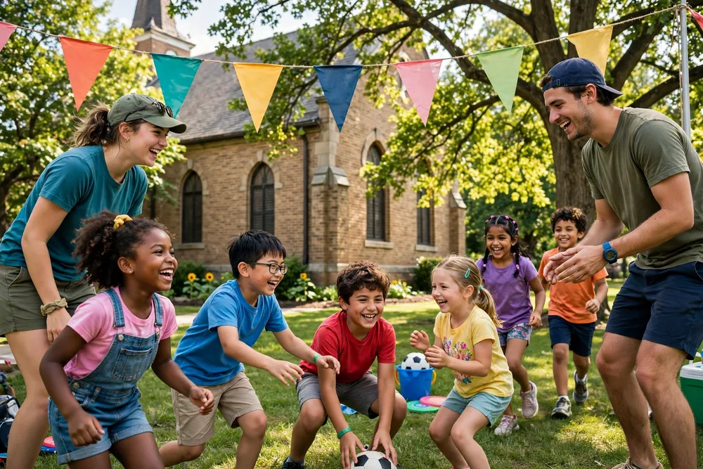 Children playing games on the lawn at Vacation Bible School