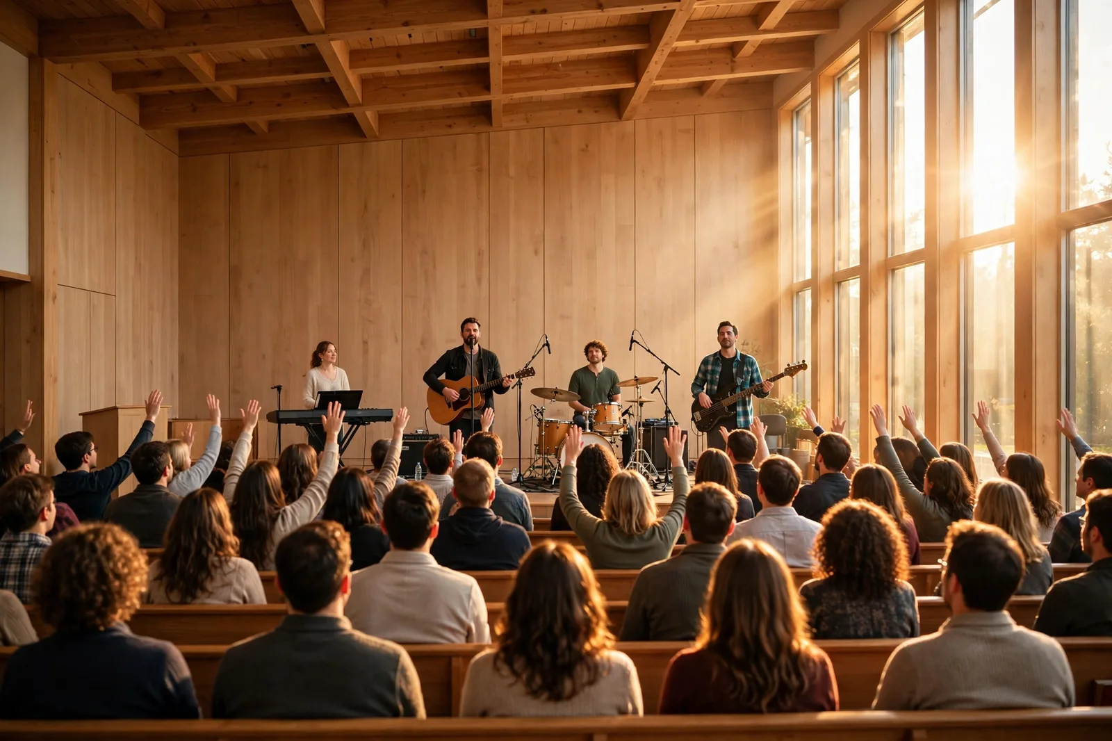 The Grace Community Church congregation singing together during Sunday worship