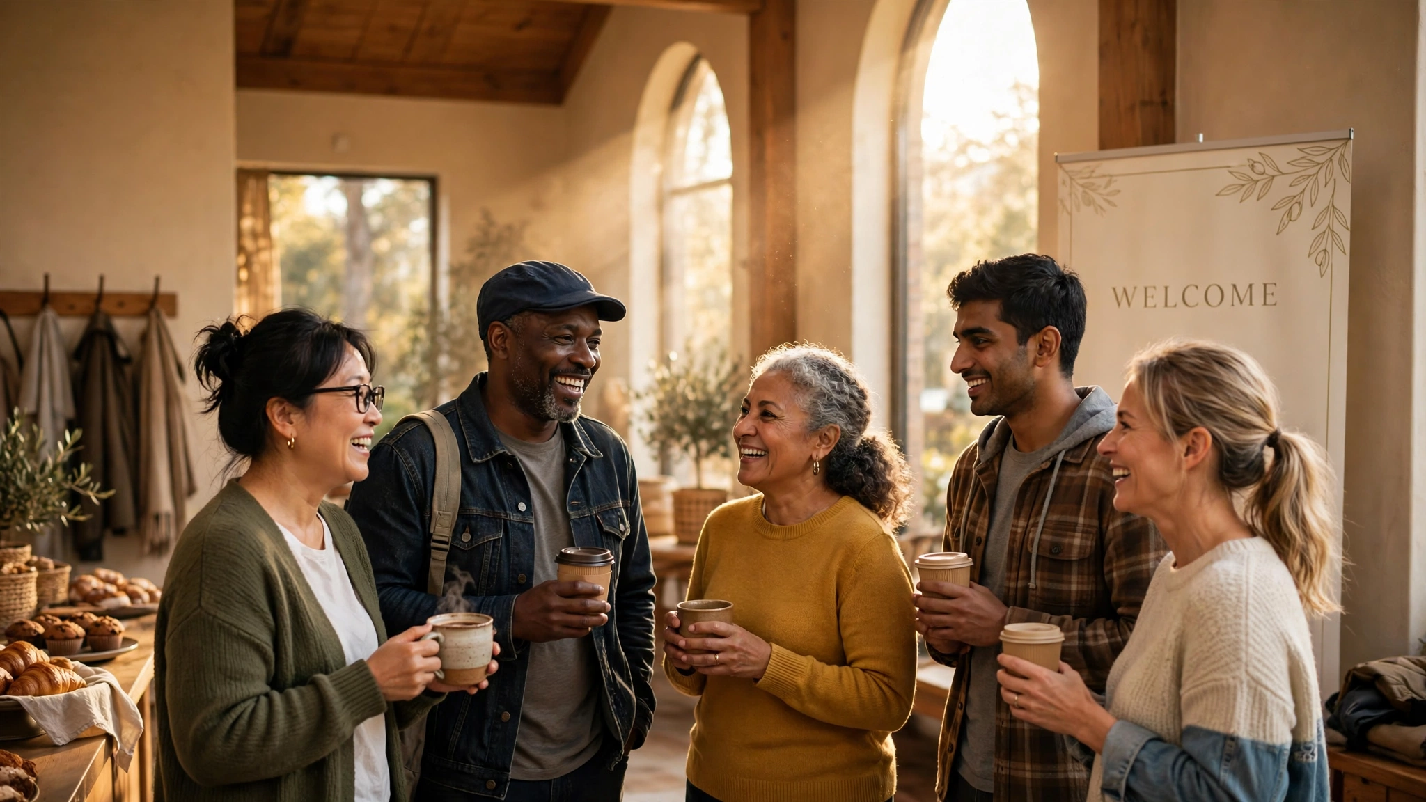 Members of Grace Community Church talking and laughing over coffee in the lobby on a Sunday morning