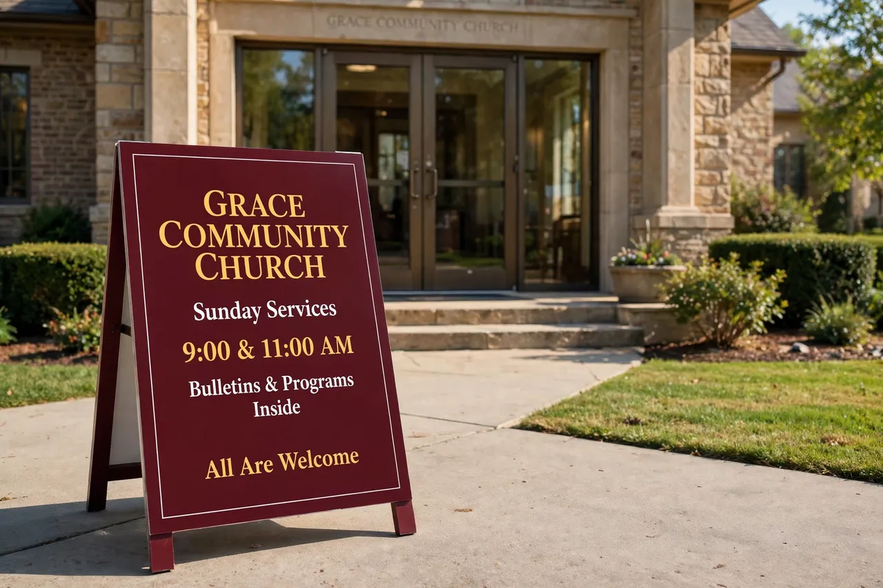 A Grace Community Church A-frame sign on the sidewalk announcing Sunday services and bulletins inside