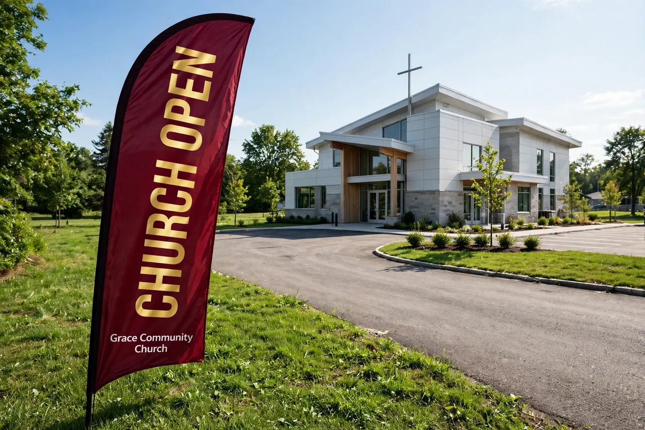 A tall Grace Community Church street flag reading Church Open beside the church drive