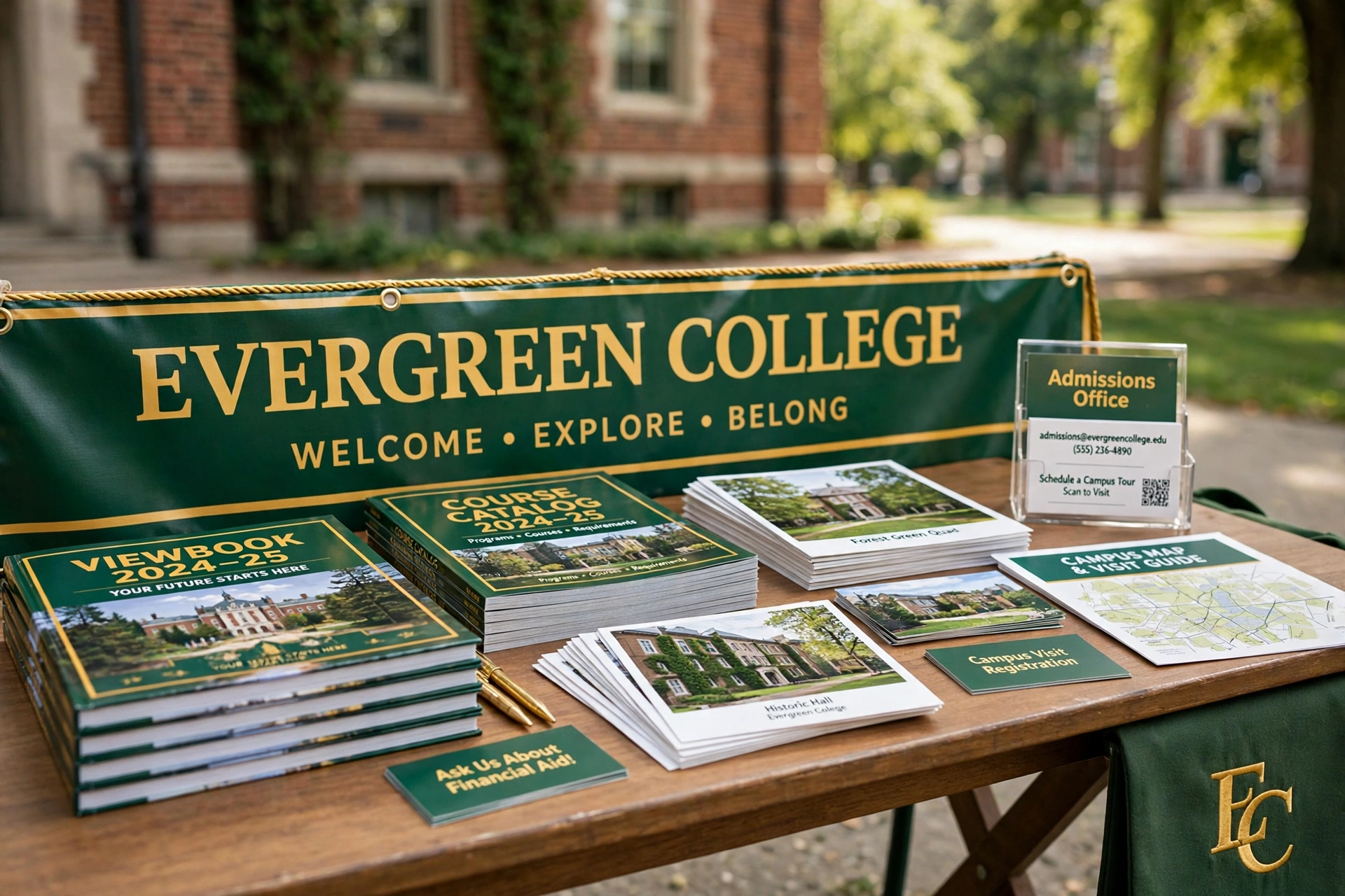 The Westbrook College print set at a campus welcome table: a green and gold 6x4 ft vinyl banner, viewbooks, course catalogs, business cards and postcards