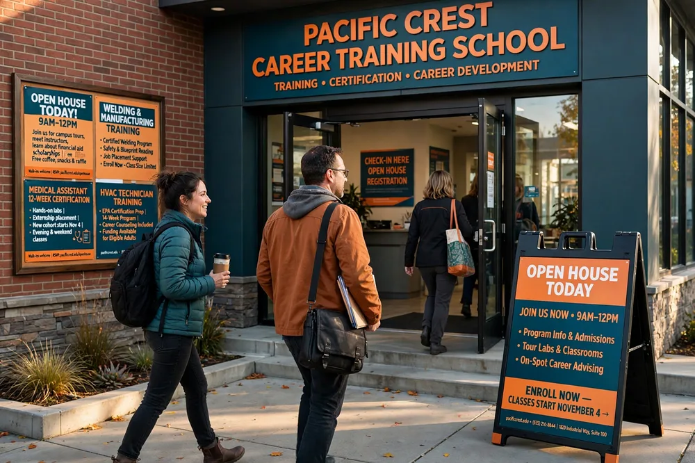 Open house flyers and an A-frame sign for Harbor Skills Institute