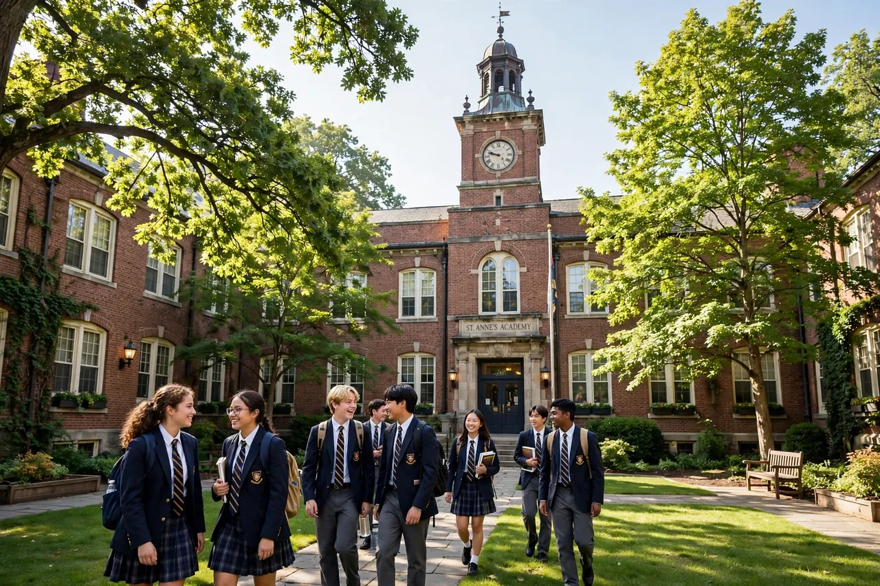 Brookfield Academy students crossing the courtyard in front of the main hall