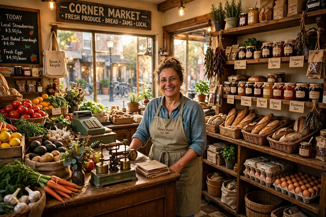 Inside Marta's Corner Market: shelves of produce, bread and preserves, with Marta at the counter
