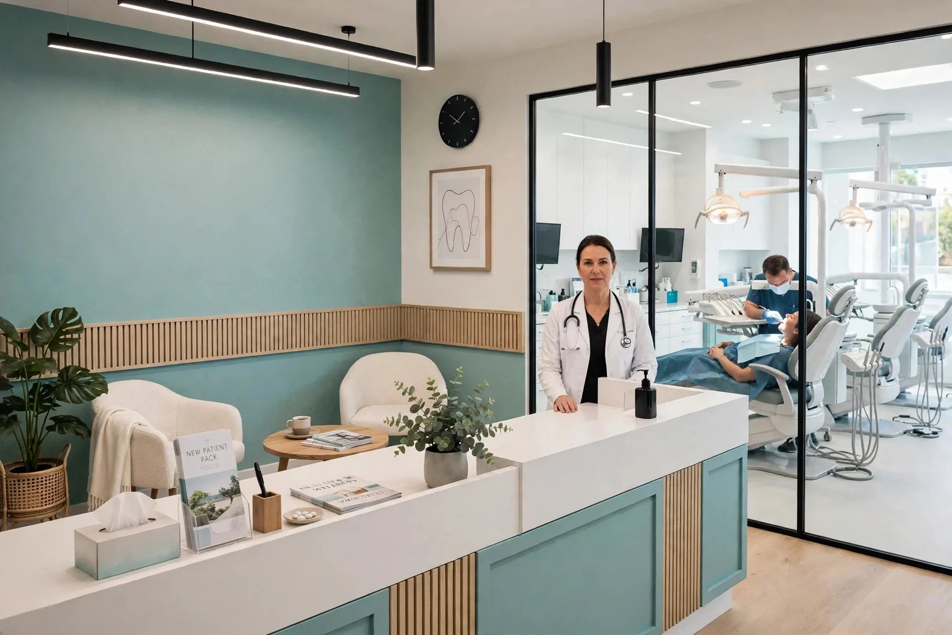 Inside Lakeside Dental: a calm teal and white reception area with treatment rooms beyond