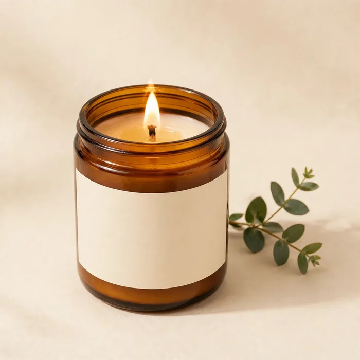 Lit candle in an amber glass jar with a plain cream label