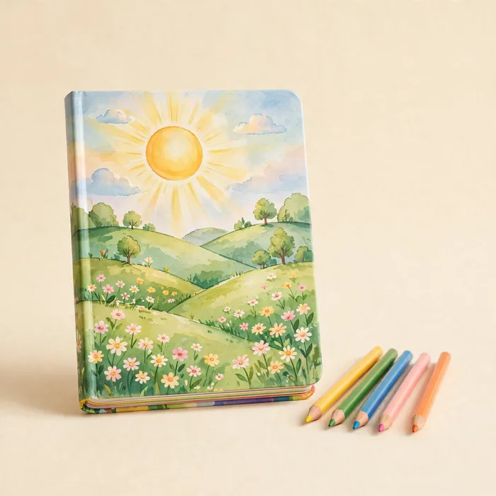 Colorful children's devotional book with colored pencils beside it